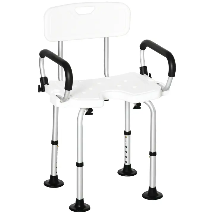HOMCOM Silla para Ducha de Aleación de Aluminio Taburete de Baño Antideslizante con Altura Ajustable de 6 Niveles y Reposabrazos Regulable para Mayores 54x52x70-82 cm Blanco - 1