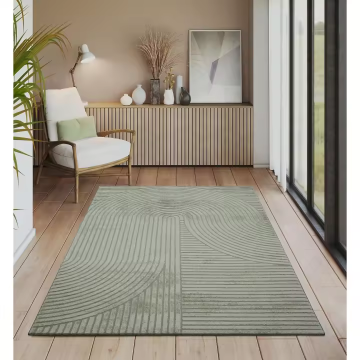 Modern Short Pile Rug, Living Room, Bedroom, with High-Low Effect, 3D Effect, High Pile Density and Pleasantly Soft, Panglao Design, Green, 240 x 340 cm - 1