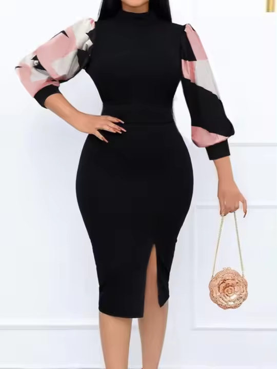 Vestido Bodycon Largo Para Mujer Con Manga Larga Y Estampado Mixto LW Vestido De Fiesta De Noche Con Abertura En La Frontera Cuello Bocina Ajustado - 1
