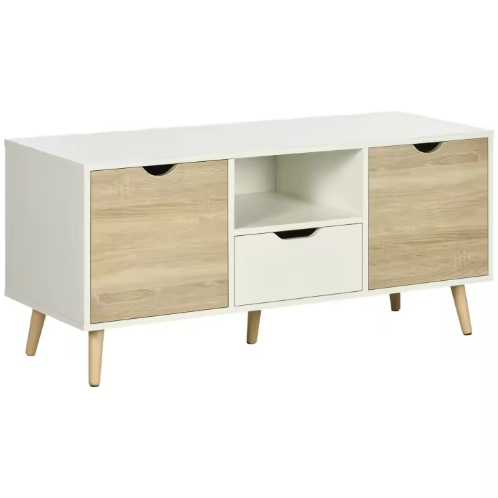 HOMCOM Mueble de TV con Cajón 2 Puertas y Compartimiento Mesa para TV para Televisores de hasta 50 Pulgadas Aparador de Salón para Dormitorio 110x40x50 cm Blanco y Natural - 1
