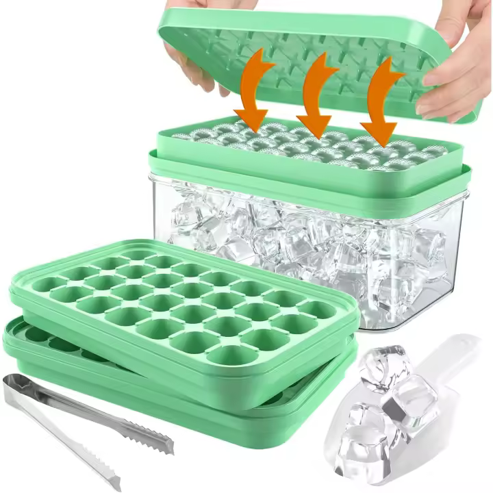 Cubiteras para Hielo de Silicona Con Tapa Y Cubo, Cubitera Silicona de Grado Alimenticio con cuchara para congelador, Fácil liberación Apilables Bandeja de 56 moldes de silicona (Verde) - 1