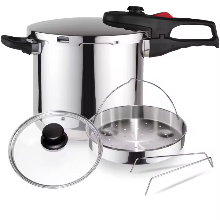 Magefesa Practika Plus - Pack Exclusivo Olla Express Rápida + Cestillo Vaporera + Tapa de Cristal , Acero Inoxidable 18/10, Sensor de Presión, Inducción - 1