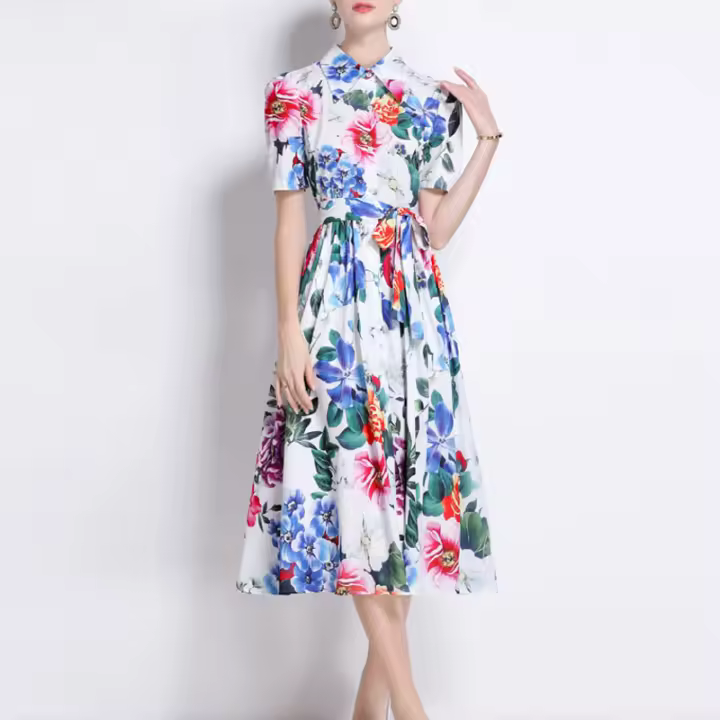 Vestido De Verano Para Mujer Con Cuello Torcido Y Manga Corta Estampado Vestido De Encaje Casual De Medio Tamaño Polyester - 1