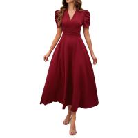 Vestido Elegante De Fiesta Para Mujer Cintura Alta A-Line De Color Sólido Con Manga Corta Estilo Francés Vestido De Cintura Cinchada Temperamento - details 1