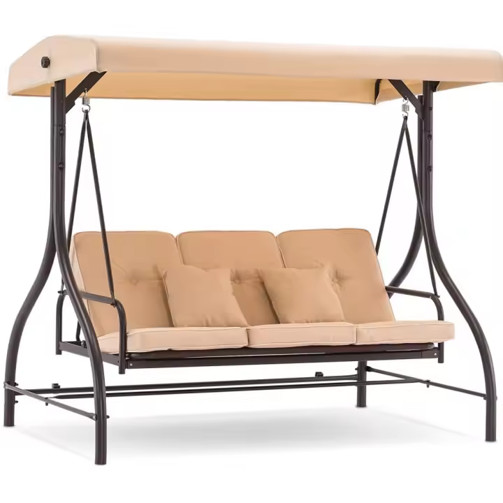 Mecedora de jardín de 3 plazas BEIGE con respaldo reclinable en cama y cojines - 1
