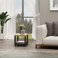 HOMCOM Mesa Lateral para Sofá Mesa de Centro para Salón o Mesita de Noche Multifuncional y con Estante Abierto de Almacenaje con Ruedas 40x40x40 cm Negro y Natural - details 1