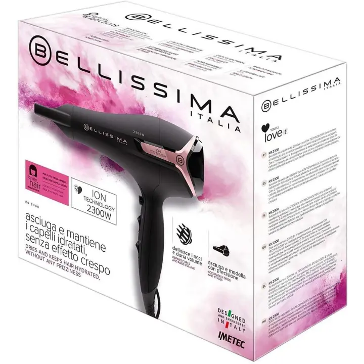 Bellissima K9 2300 - Secador de Pelo Profesional, 2300W, Tecnología de Iones, 8 Combinaciones de Aire y Temperatura, Difusor Incluido, Secado Rápido y Brillo Intenso - 1