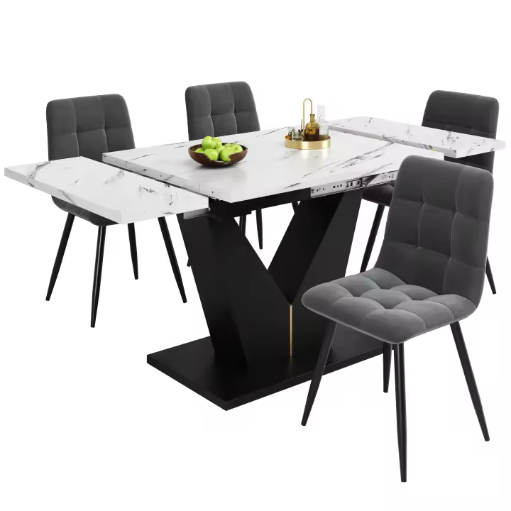 Juego de Mesa de Cocina (5 piezas), juego de Mesa de Coque-with 4 Sillas, juego de Mesa de Cocina Moderna-With Mesa retrácthil, Mesa de Mármol Blanco, coque de terciopelo Gris - 1