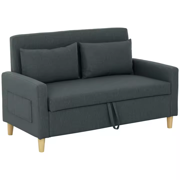 HOMCOM Sofá de 2 Plazas Tapizado en Lino Sintético con Espacio de Almacenamiento, Sofá Moderno con 2 Almohadas, Bolsillo y Patas de Madera, Carga 240 kg para Dormitorio, Salón 135x71x84 cm - 1