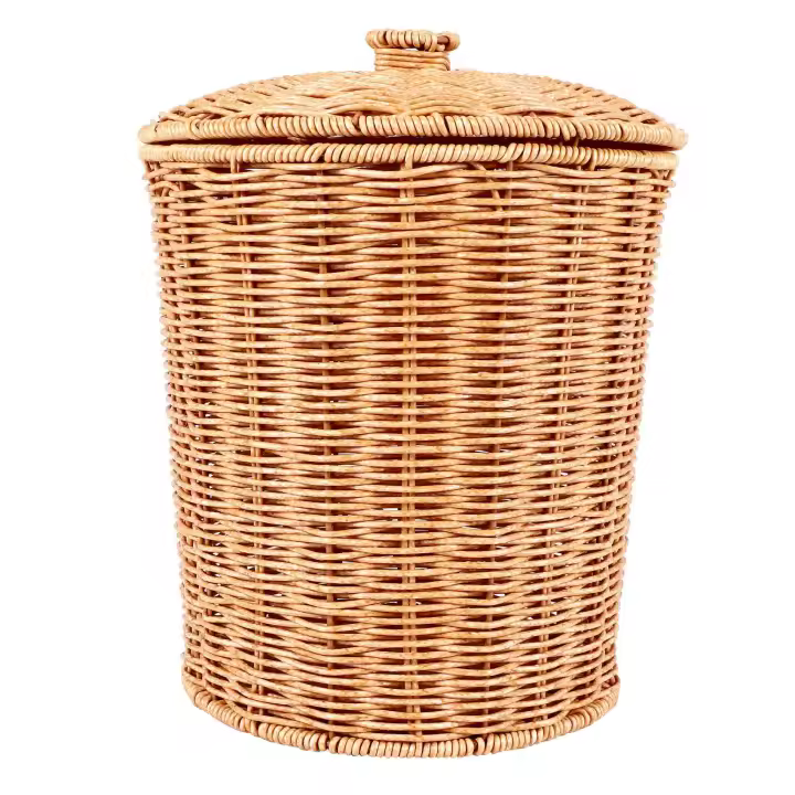 Cubo de basura de mimbre con tapa, cesta tejida redonda para residuos, cesta de almacenamiento - 1