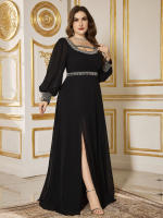 Vestido De Noche Elegante Para Mujer UNITHORSE De Largo Con Cuello En Forma De Cuadrado Manga De Linterna Y Decoración De Lujo Con Diamantes Vestido Largo Para Fiesta - details 1