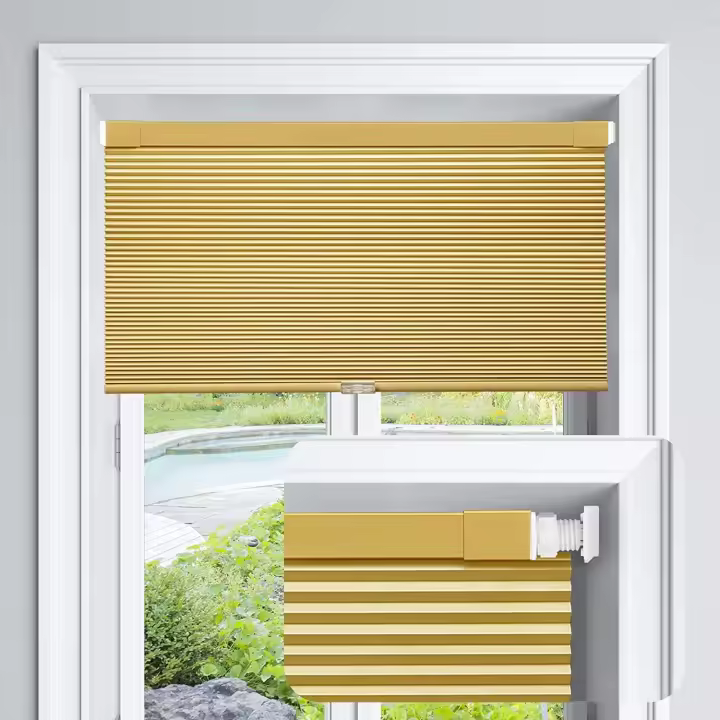 Cordless Cellular Shades No Tools No Drill Blackout Cellular Blinds for Window Size 30" W x 64" H, Yellowish-Brown - 1