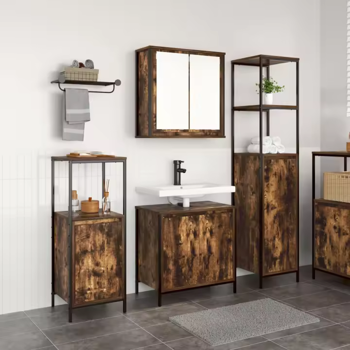 Set de muebles de baño de 3 piezas en roble ahumado y madera trabajada - 1