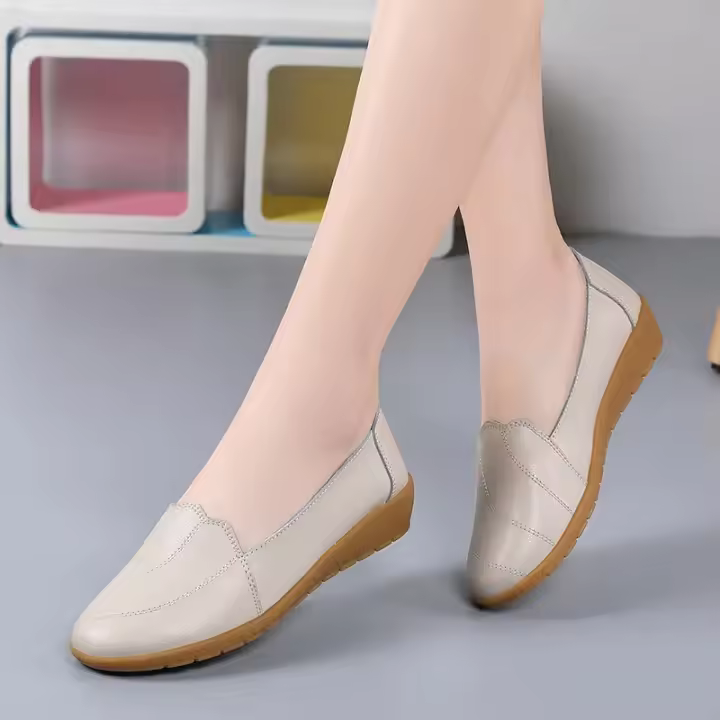 Zapatos De Cuero Genuino Para Mujer Blancos Loafers Estilo Clásico Verano Zapatos De Enfermera Plana De Cuero Para Adultos Casual - 1