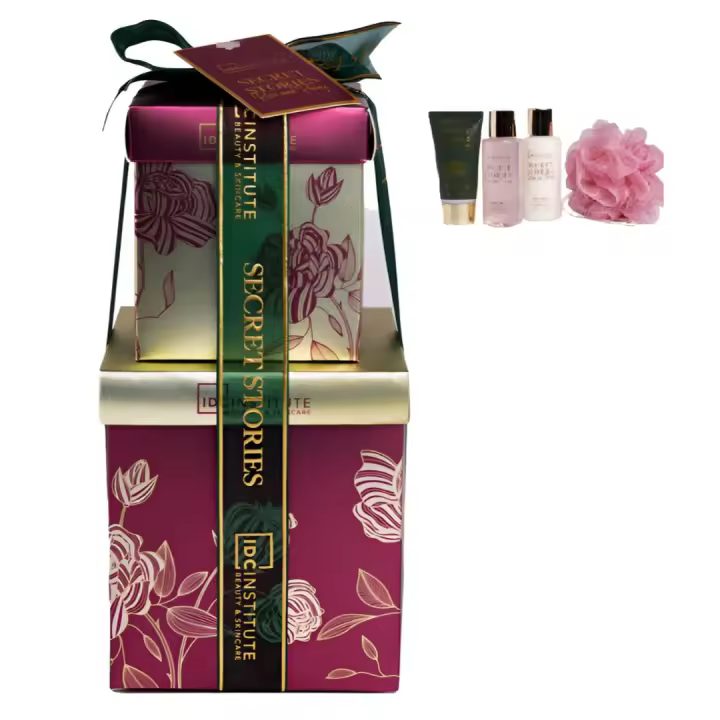 Set Regalo Secret Stories IDC Institute – Preciosa Caja de 4 Piezas: Loción Corporal, Gel de Ducha, Crema de Manos y Esponja para Hidratar y Revitalizar la Piel - 1