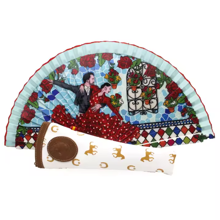 Abanico de Mano Plegable con Funda. Preciosos Dibujos de Flores y Colores. Abanico Flamenco con Funda de Lona de Alta Calidad y Fabricada en España - 1