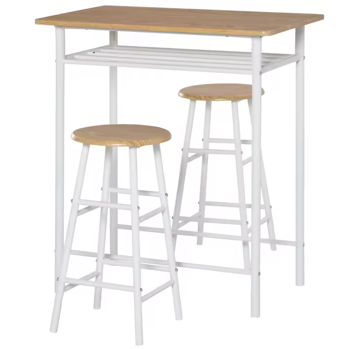 HOMCOM Juego de Mueble de Bar Set de Mesa Alta y 2 Taburetes con Estante de Almacenamiento y Marco de Metal para Cocina Comedor 80x50x90 cm Blanco - 1
