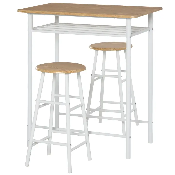 HOMCOM Juego de Mueble de Bar Set de Mesa Alta y 2 Taburetes con Estante de Almacenamiento y Marco de Metal para Cocina Comedor 80x50x90 cm Blanco - 1