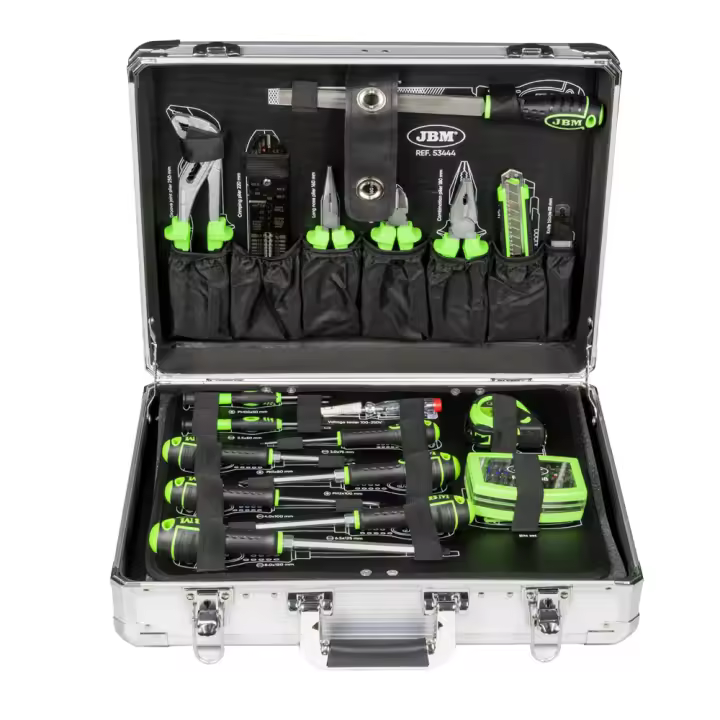 Maleta de Herramientas de aluminio JBM 53444  DE 108 PIEZAS con vasos 1/2" cincado - Juego Completo de Herramientas Manuales para el Hogar. Moto, coche y Motor, Excelente Precio - 1