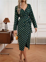 Vestido Largo De Encaje Con Estampado De Puntos Para Mujer Estilo Elegante Y Casual Con Abertura Frontal Y Cuello Cruzado Vestido Midi Para Oficina Y Diario - details 2