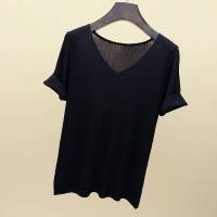 Camiseta De Mujer De Verano Con Cuello En V Y Manga Corta Tejida En Color Negro Y Naranja Estilo Slim Para Ocio Casual - details 7
