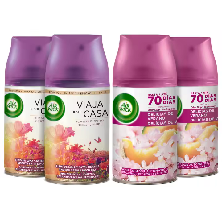 Air Wick Freshmatic Pack 4 recambios mix 2 fragancias - Ambientador para casa con aroma a Delicias de Verano + Lirio de Luna (2+2 Recambios) - 1