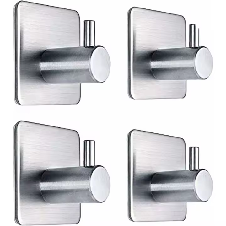Gancho adhesivo de acero inoxidable de 4 piezas, gancho de pared de baño de 8 kg máx., toallero, familia y oficina, autoadhesivo, plateado - 1