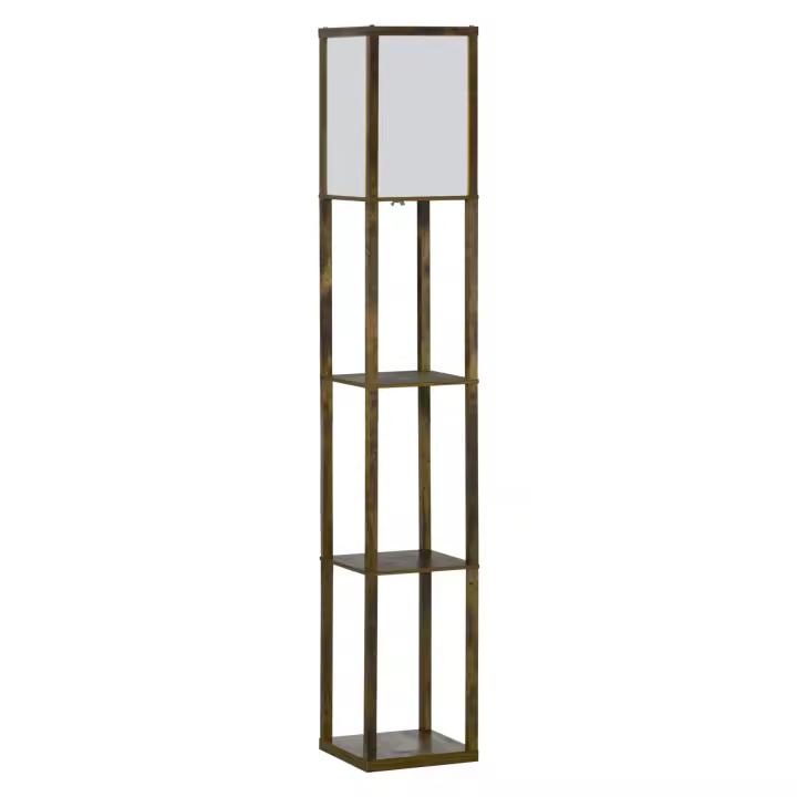 HOMCOM Lámpara de Pie de Madera con 3 Estantes de Almacenaje para Bombilla E27 Potencia Máx. 40W Lámpara Moderna para Salón Dormitorio 26x26x160 cm - 1