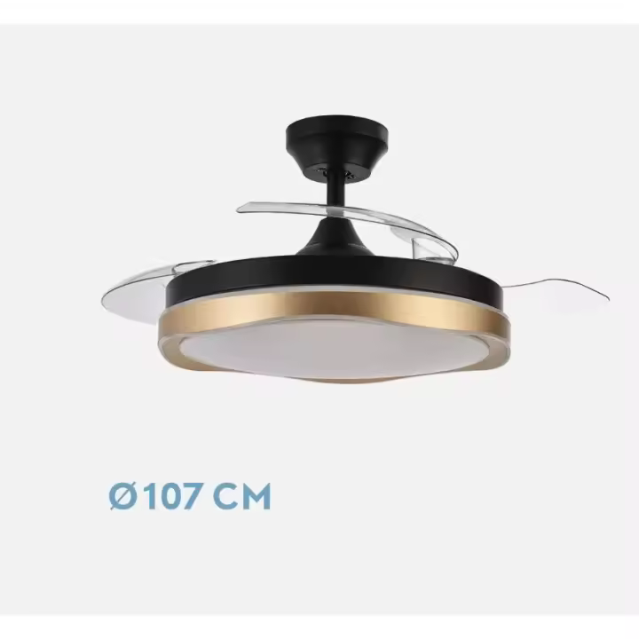 FABRILAMP PREMIUM Ventilador Dc Blondi Negro/oro 72w 3aspas 49/107d 7200lm 6velocidades Tres Luces 3000k,4500k,6000k, Remoto+temporizador+memoria TEMPORIZADOR 1/2/4/8 H, Control de aire verano o invierno Incluye 2 tijas y mandos calidad de confianza - 1