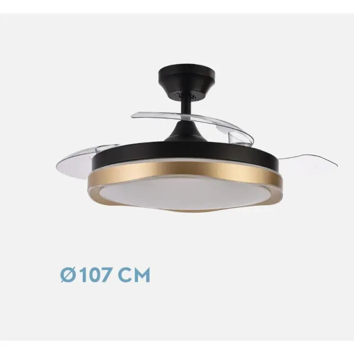 FABRILAMP PREMIUM Ventilador Dc Blondi Negro/oro 72w 3aspas 49/107d 7200lm 6velocidades Tres Luces 3000k,4500k,6000k, Remoto+temporizador+memoria TEMPORIZADOR 1/2/4/8 H, Control de aire verano o invierno Incluye 2 tijas y mandos calidad de confianza - 1