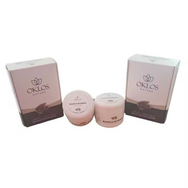 Oklos Nature - Pack de 2 Mantecas de Karité Pura + 2 Jabones Negro Africano - Tratamiento Hidratante y Limpiador de la Piel - Set de Limpieza E Hidratación para Toda la Familia - 1