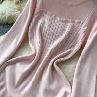 Vestido Rosa Francés De Estilo Simple Para Damas Con Cuello En V Manga Larga Sólido Suave Ajustado Casual De Otoño Vestido Largo De Hogar - details 13