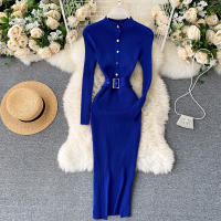 Vestido REALEFT De Punto Para Mujer Con Cuello Alto Y Mangas Largas Estampado Sólido Estilo Casual Vestido De Abrazo Largo Hasta La Rodilla Para Otoño E Invierno - details 1
