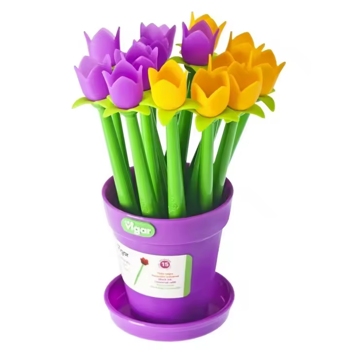 VIGAR® - Bolígrafo Flower Shop Cala 15 Unidades - Pack de 15 Bolis Originales y Funcionales con Maceta de la Marca Vigar - Boligrafos Originales Fabricados con Materiales de Calidad - Set de 15 Bolígrafos Divertidos y Prácticos - 1