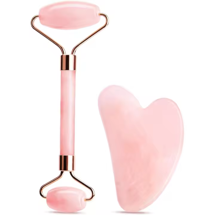 Herramienta Masaje Gua Sha y Rodillo Facial, Herramienta de Masaje Cuarzo, Anti Envejecimiento y Arruga Tablero de Gua Sha de Piedra Jade, Natural Herramienta Masaje Cuidado para Cara, Cuello - 1