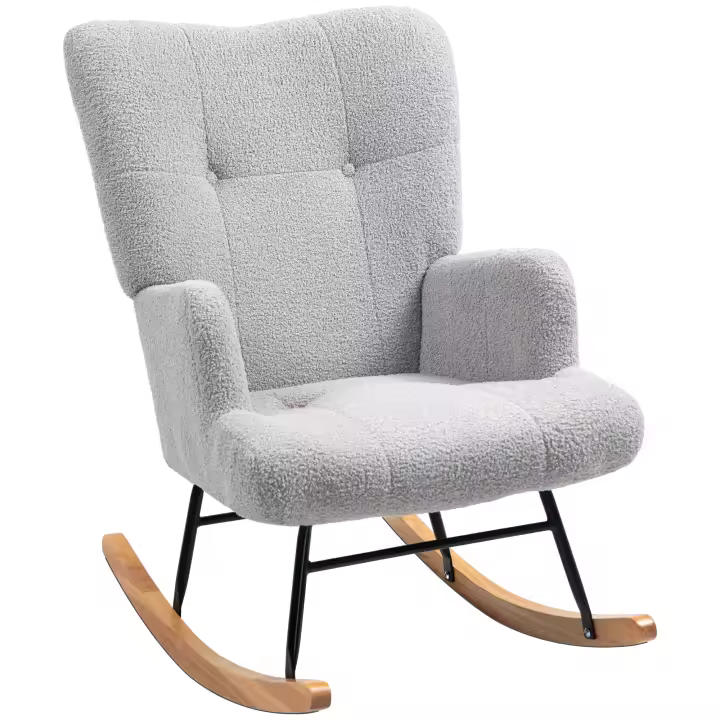 HOMCOM Mecedora de Borreguito Mecedora para Lactancia con Respaldo Capitoné y Base de Madera de Caucho Carga 120 kg Silla Mecedora para Salón Dormitorio a - 1