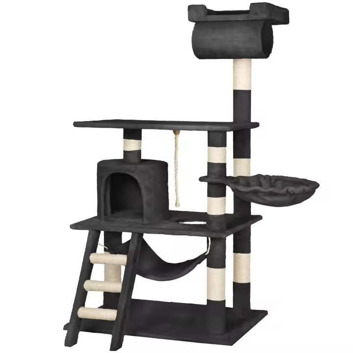 Tectake - Rascador para gatos STOKELEY, Altura 141 cm, Nido giratorio, hamaca y cordón, Práctico árbol rascador, Incluye sistema antivuelco, Múltiples opciones para jugar, afilarse las uñas y descansar - 1