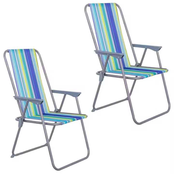 Pack 2 sillas playa y camping plegables con cierre de seguridad, estructura acero pintura Epoxi anticorrosión, tejido loneta Oxford 600 D poliéster rayas multicolor, respaldo alto mono-posición - 1