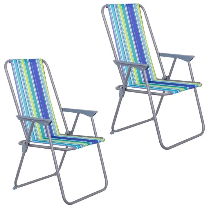 Pack 2 sillas playa y camping plegables con cierre de seguridad, estructura acero pintura Epoxi anticorrosión, tejido loneta Oxford 600 D poliéster rayas multicolor, respaldo alto mono-posición - 1