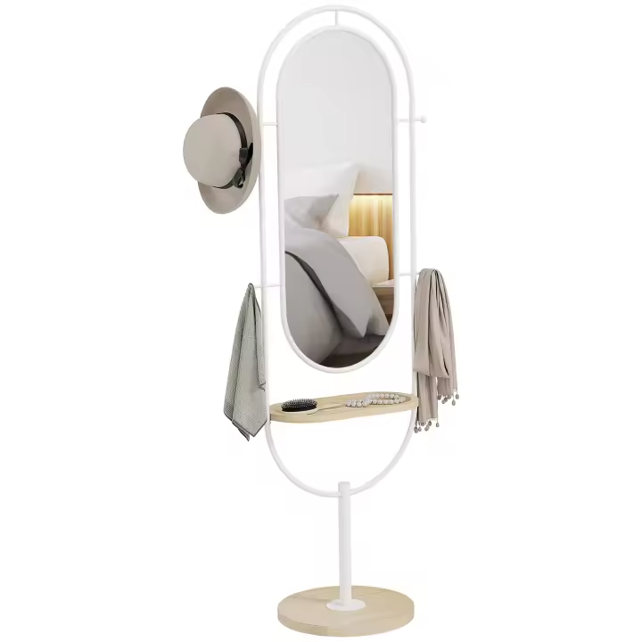 HOMCOM Espejo de Cuerpo Entero 175,5x50 cm Espejo de Pie con Bandeja de Madera 4 Ganchos y Marco de Metal para Salón Dormitorio Blanco - 1