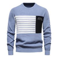 Otoño nuevo suéter de los hombres a rayas empalme de manga larga suéter de los hombres de cuello redondo de moda suéter casual de los hombres - details 1