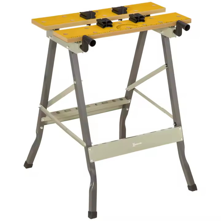 DURHAND Banco de Trabajo Plegable, 4 en 1, Mesa de Trabajo con 4 Abrazaderas Ajustables, 2 Manivelas, 2 Paneles de MDF, para Garaje y Taller, Carga 100 kg, 62,5x60,5x78,5 cm, Natural y Gris - 1
