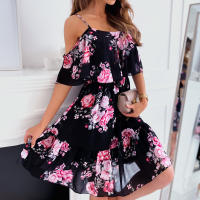 Vestido Bohemio De Verano Para Mujer Con Estampado Floral Chiffón Sin Mangas Cuello En V Camisola A-Line De Rodilla Estilo Comercial - details 1