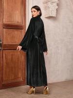 Vestido Largo Elegante Para Mujer Con Manga Completa Y Cinturón Estilo Árabe Medio Oriente Pleuche Slim Fit Vestido De Noche Con Aros - details 3