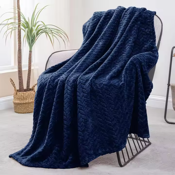 Manta de lana de franela, mantas de sofá de 127x178 CM, mantas de patrón de hojas de tejido Jacquard suave para sofá, manta azul marino - 1
