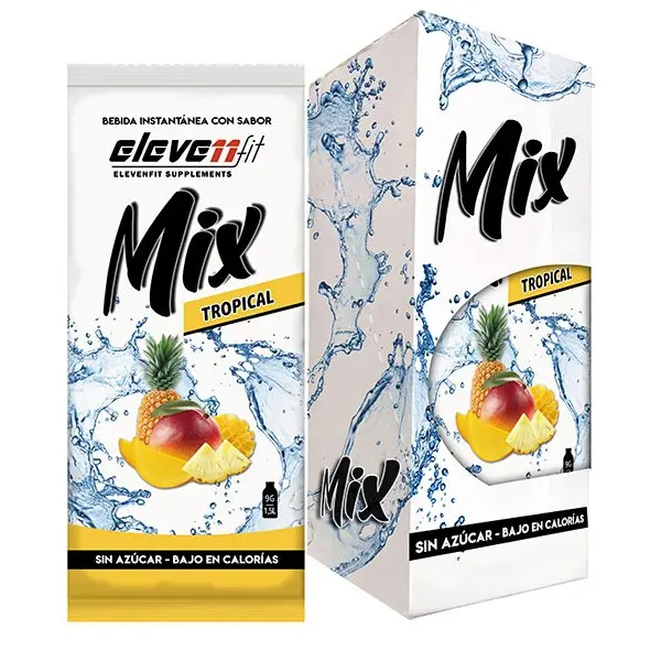 Eleven Fit Mix Instantáneo, Caja de 12 Sobres Sabor Tropical - Prepara 1.5L de Bebida Saludable - Sin Azúcar, Baja en Calorías y Carbohidratos - Ideal para Agua/Leche, Cocinar y Preparar Postres - Mejora tu Dieta - Apto para Adultos y Niños - 1
