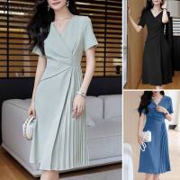 Vestido Midi Elegante De Verano Para Mujer ZANZEA Con Cuello V Y Manga Corta Vestido De Fiesta Trabajo OL Vestido De Seda Pleated - details 1