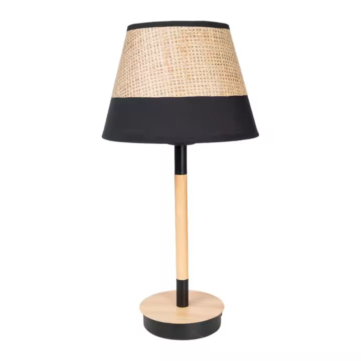 LAMPARA BASE MADERA PANTALLA NEGRA/MIMBRE HM1137 FIJALO - 1