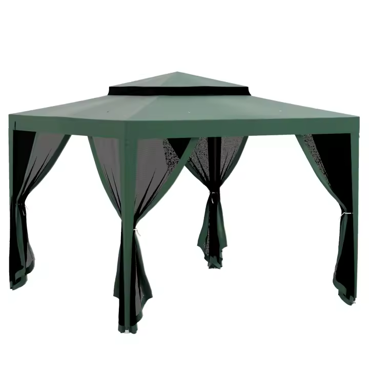 Outsunny Carpa de Jardín 3x3 m Cenador Gazebo con 4 Mosquiteras Laterales Techo Doble 8 Orificios de Drenaje y Marco de Metal para Terraza Patio Exterior - 1