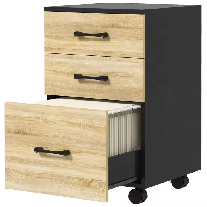HOMCOM Cajonera de Oficina Mueble Archivador con 4 Ruedas 3 Cajones para Tamaño A4 Carta para Estudio Salón 40x42x65 cm Roble y Negro - 1